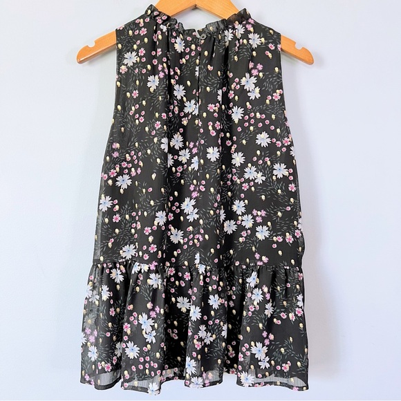 LOFT Black Floral Sparkle Ruffle Neck Peplum Blouse Size Medium Petite - Picture 3 of 10